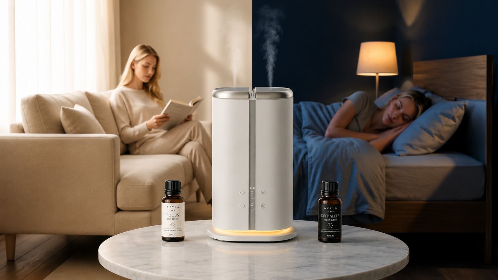 The Azyla diffuser and its Focus and Deep Sleep blends between two halves of a day: a bright reading room and a dusk-lit bedroom